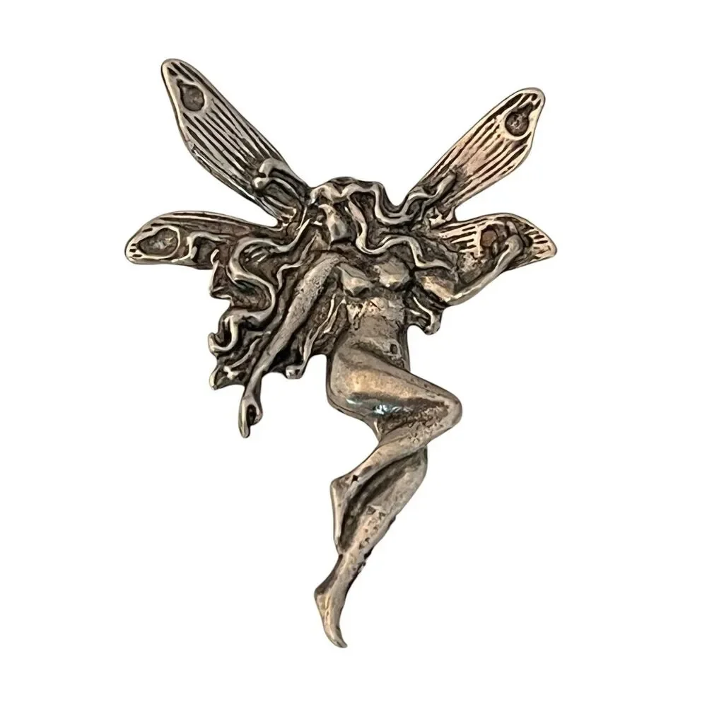 Vintage 1990s Art Nouveau Fairy Double Post Pin Silver Tone Figural - 1I